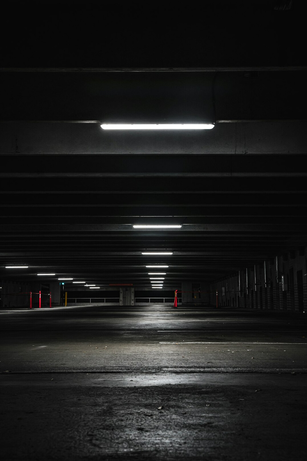 Car interior of a well lit garage